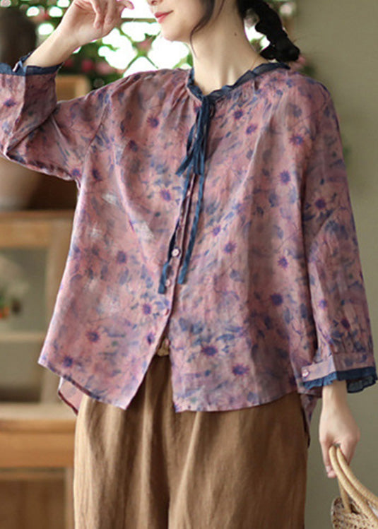 Purple O-neck Ruffled Button Ramie Shirts Spring