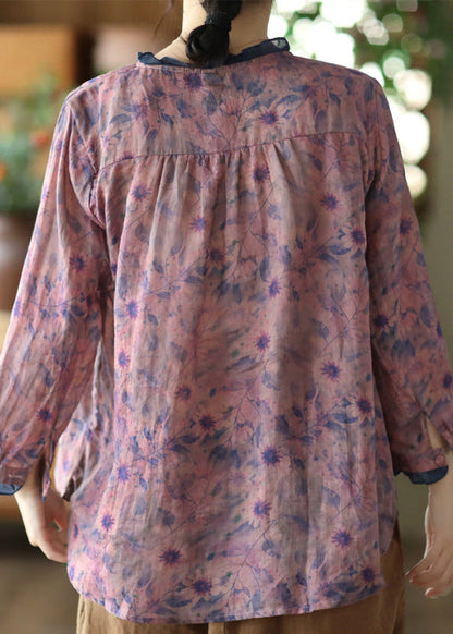 Purple O-neck Ruffled Button Ramie Shirts Spring
