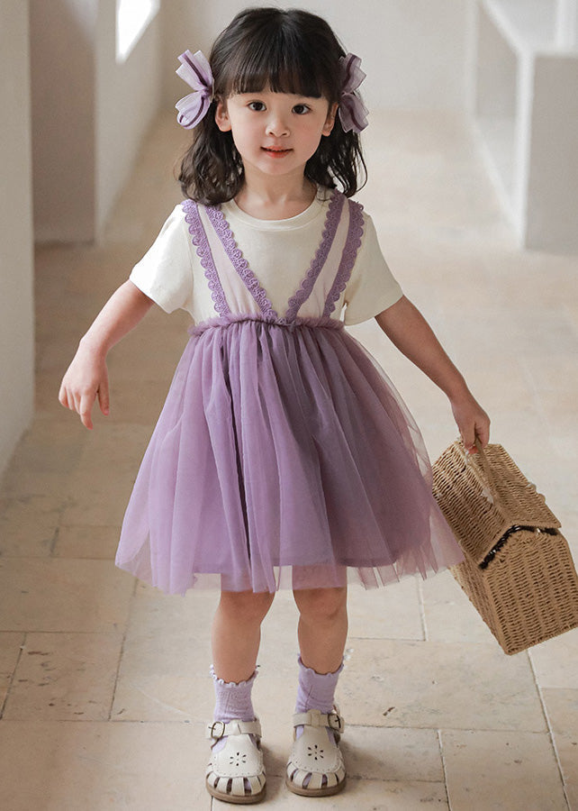 Purple O-neck Tulle Vacation Mid Dresses Short Sleeve