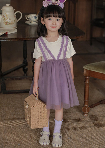 Purple O-neck Tulle Vacation Mid Dresses Short Sleeve