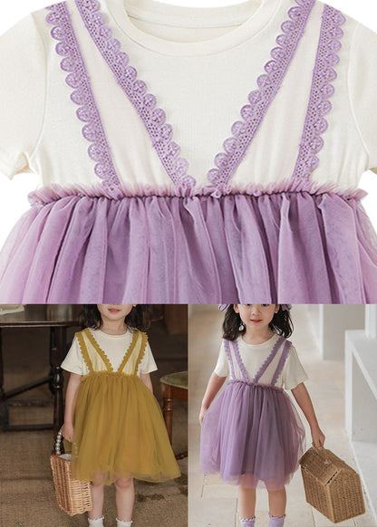Purple O-neck Tulle Vacation Mid Dresses Short Sleeve