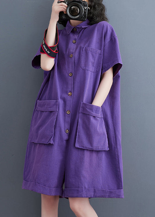 Purple Patchwork Denim Wide Leg Denim Jumpsuit Short Sleeve