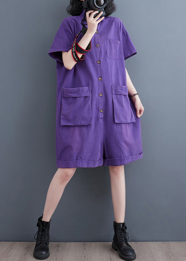 Purple Patchwork Denim Wide Leg Denim Jumpsuit Short Sleeve