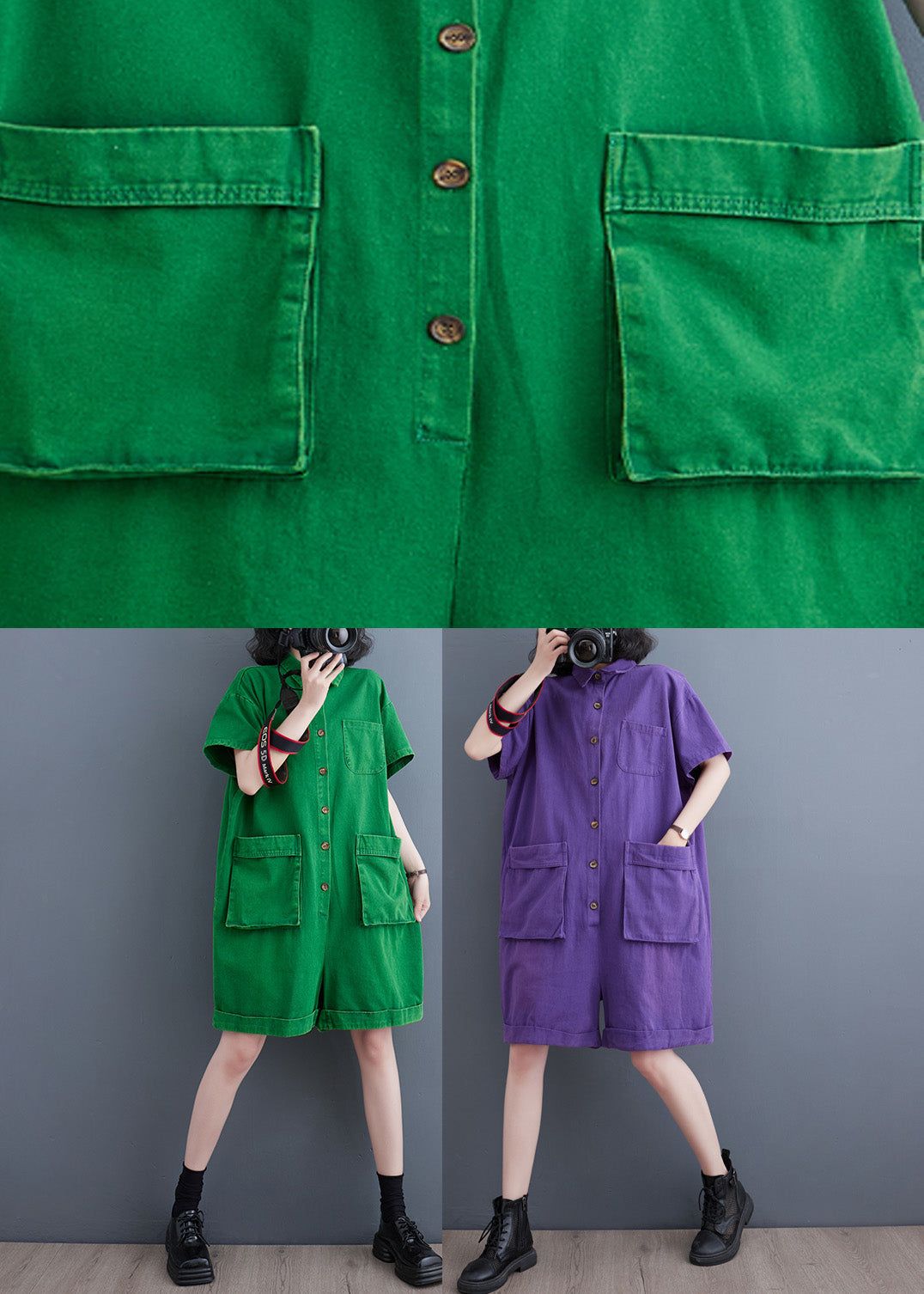 Purple Patchwork Denim Wide Leg Denim Jumpsuit Short Sleeve