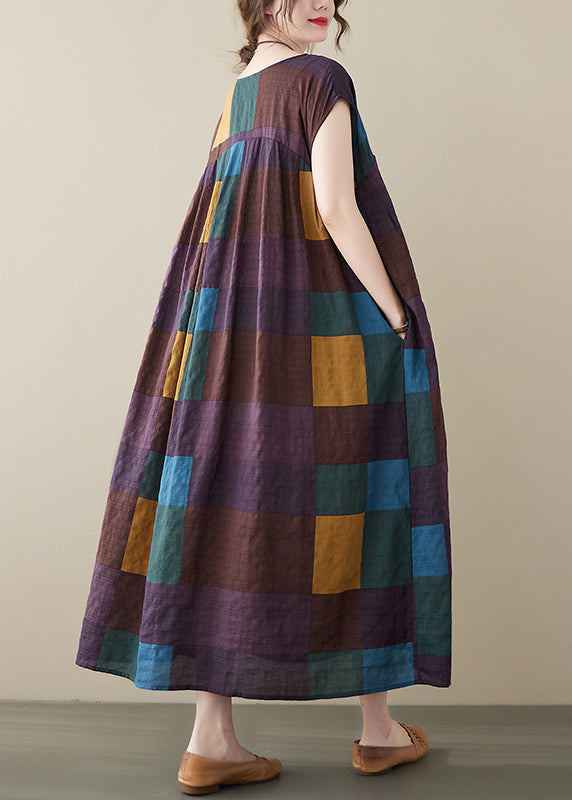 Purple Plaid Patchwork Linen Ankle Dress Wrinkled Short Sleeve