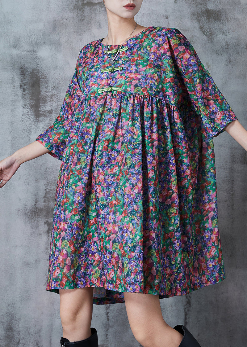 Purple Print Cotton Day Dress Chinese Button Summer