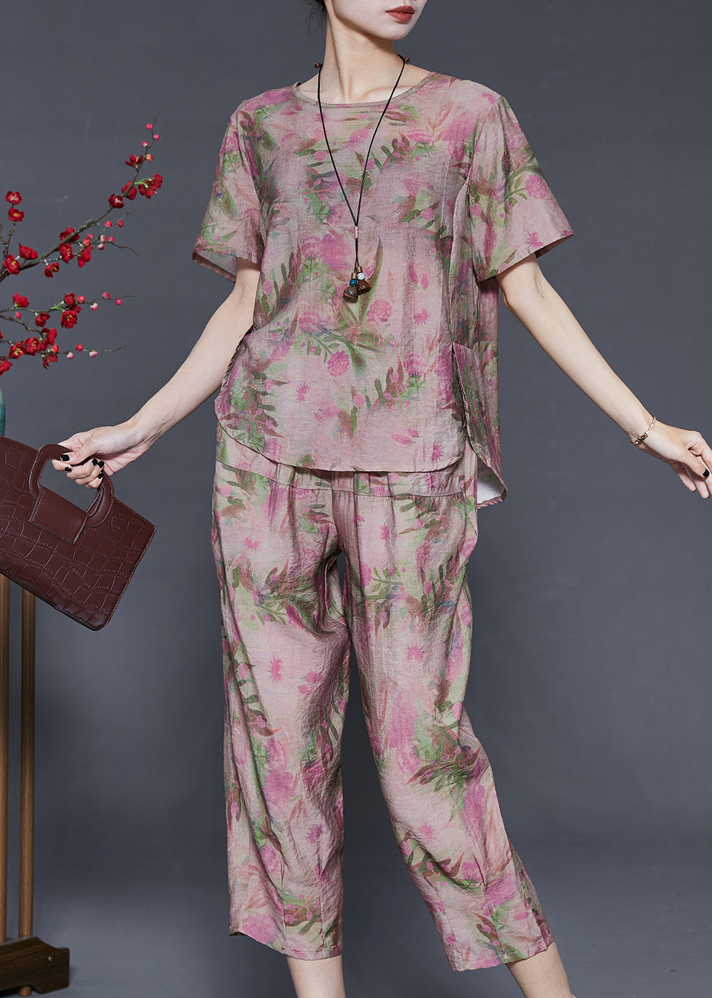 Purple Print Linen Two-piece Set Oversized Summer