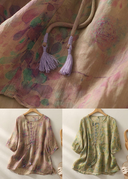 Purple Print Patchwork Cotton T Shirt Tops Tasseled O-neck Summer