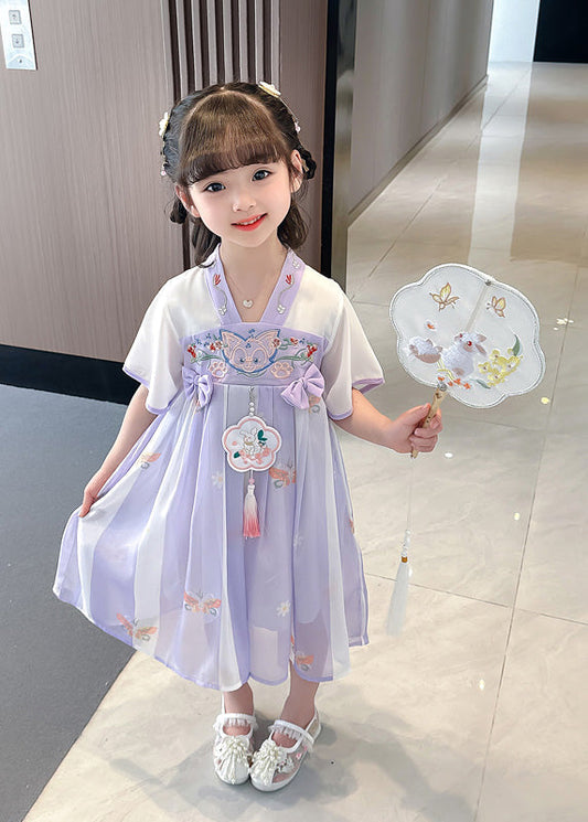 Purple V Neck Tassel Chiffon Long Dresses Short Sleeve
