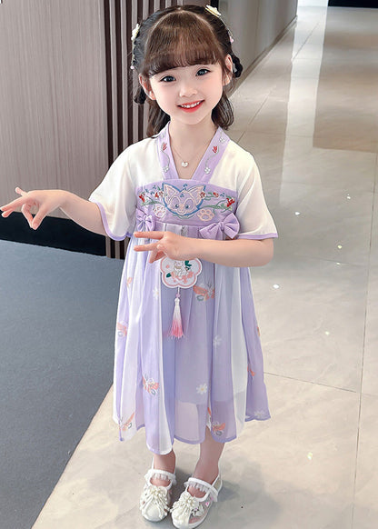 Purple V Neck Tassel Chiffon Long Dresses Short Sleeve