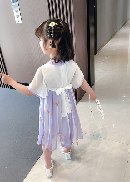 Purple V Neck Tassel Chiffon Long Dresses Short Sleeve