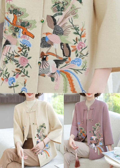 Purple Wool Knit Cardigan Embroidered Long Sleeve
