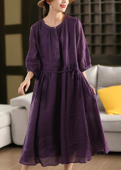 Purple Wrinkled Tie Waist Linen Holiday Maxi Dress Summer