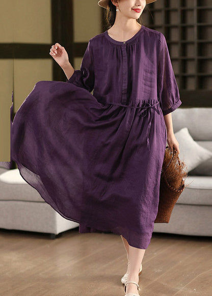 Purple Wrinkled Tie Waist Linen Holiday Maxi Dress Summer
