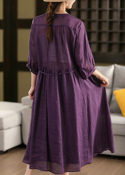 Purple Wrinkled Tie Waist Linen Holiday Maxi Dress Summer