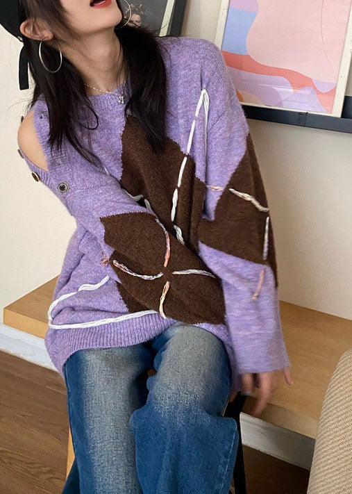 Purple Cozy Knit Knitted Tops Over Sized Winter