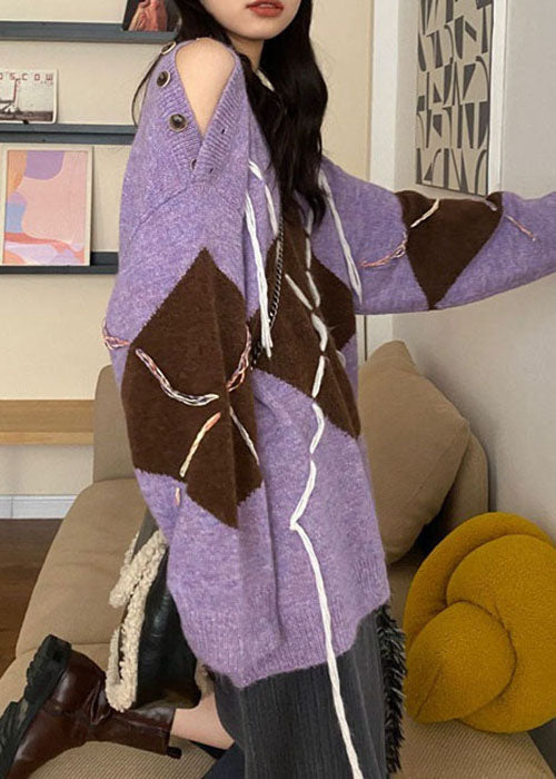 Purple Cozy Knit Knitted Tops Over Sized Winter