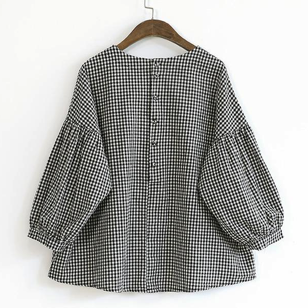 French Plaid Cotton Fine Sewing Asymmetric Clothing Blouse