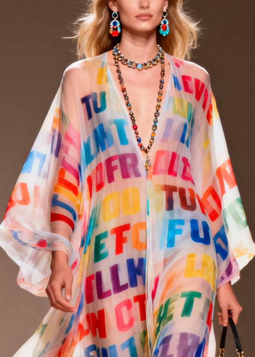 Rainbow Letter Print Chiffon Beach Dress Oversized Summer