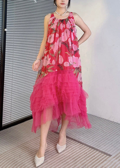 Red Asymmetrical Tulle Patchwork Dresses O-neck Summer