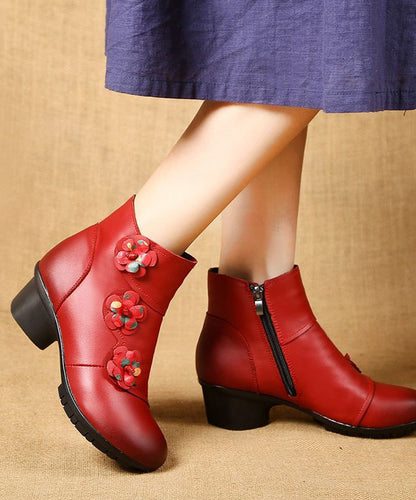 Red Boots Chunky Cowhide Leather Splicing