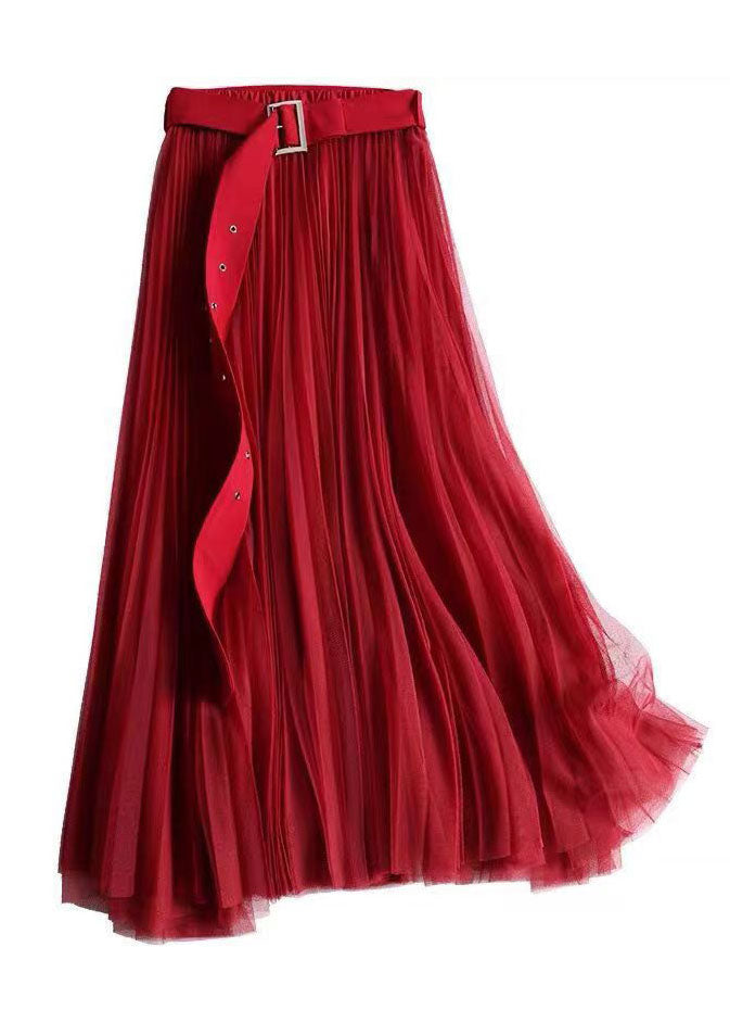 Red Brief Tulle a Line Skirts Wrinkled Spring