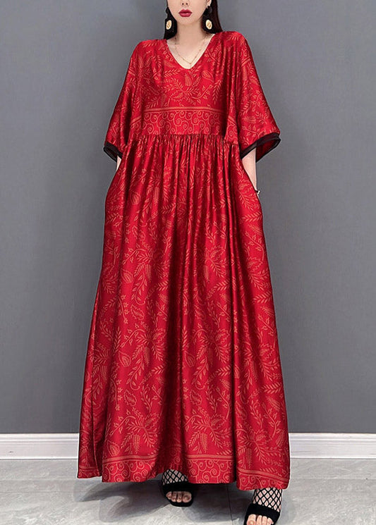 Red Chinese Style Silk Long Dress Wrinkled Short Sleeve