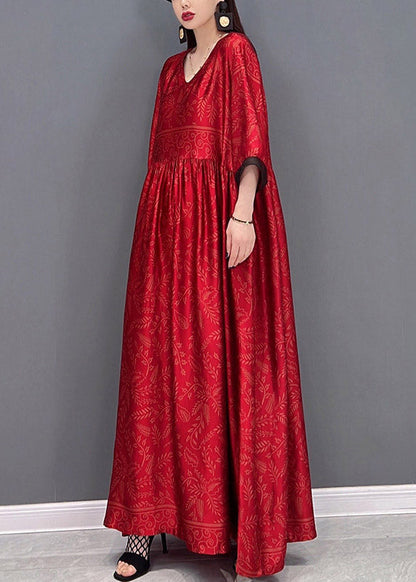 Red Chinese Style Silk Long Dress Wrinkled Short Sleeve