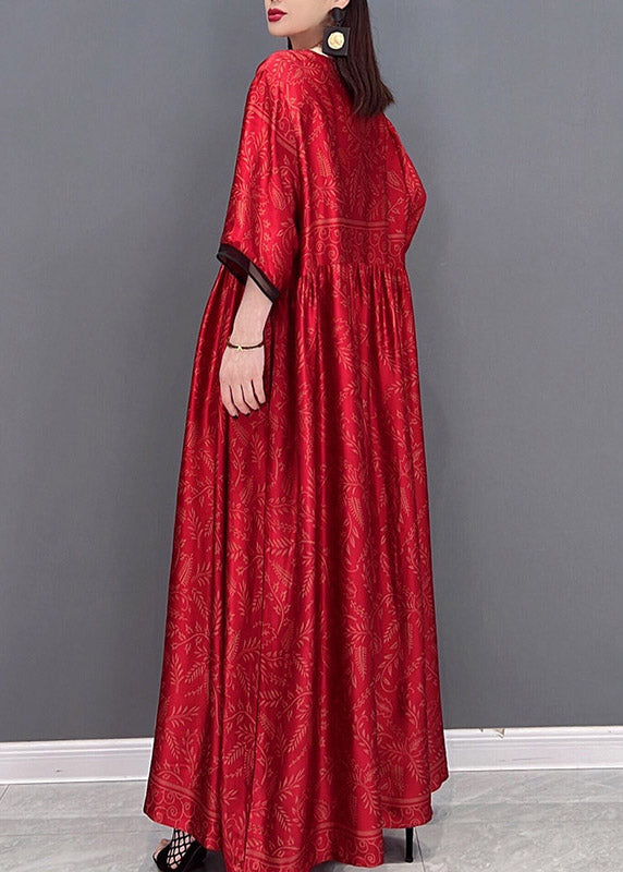 Red Chinese Style Silk Long Dress Wrinkled Short Sleeve