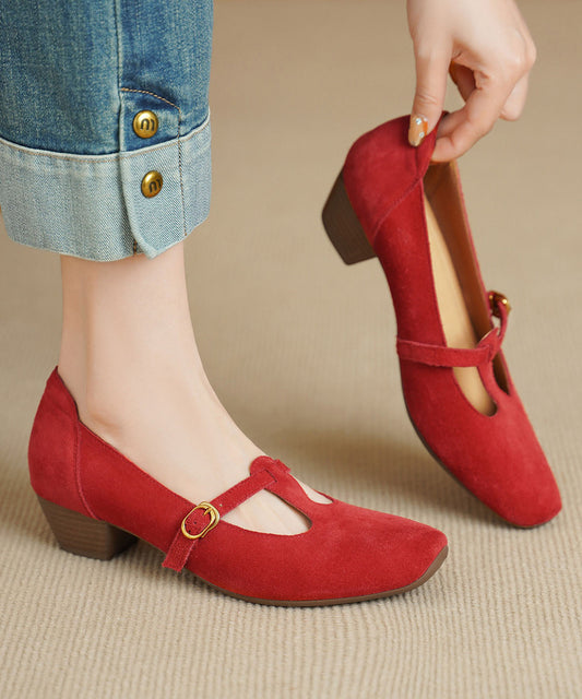 Red Chunky Heel Shoes Suede Splicing Square Toe