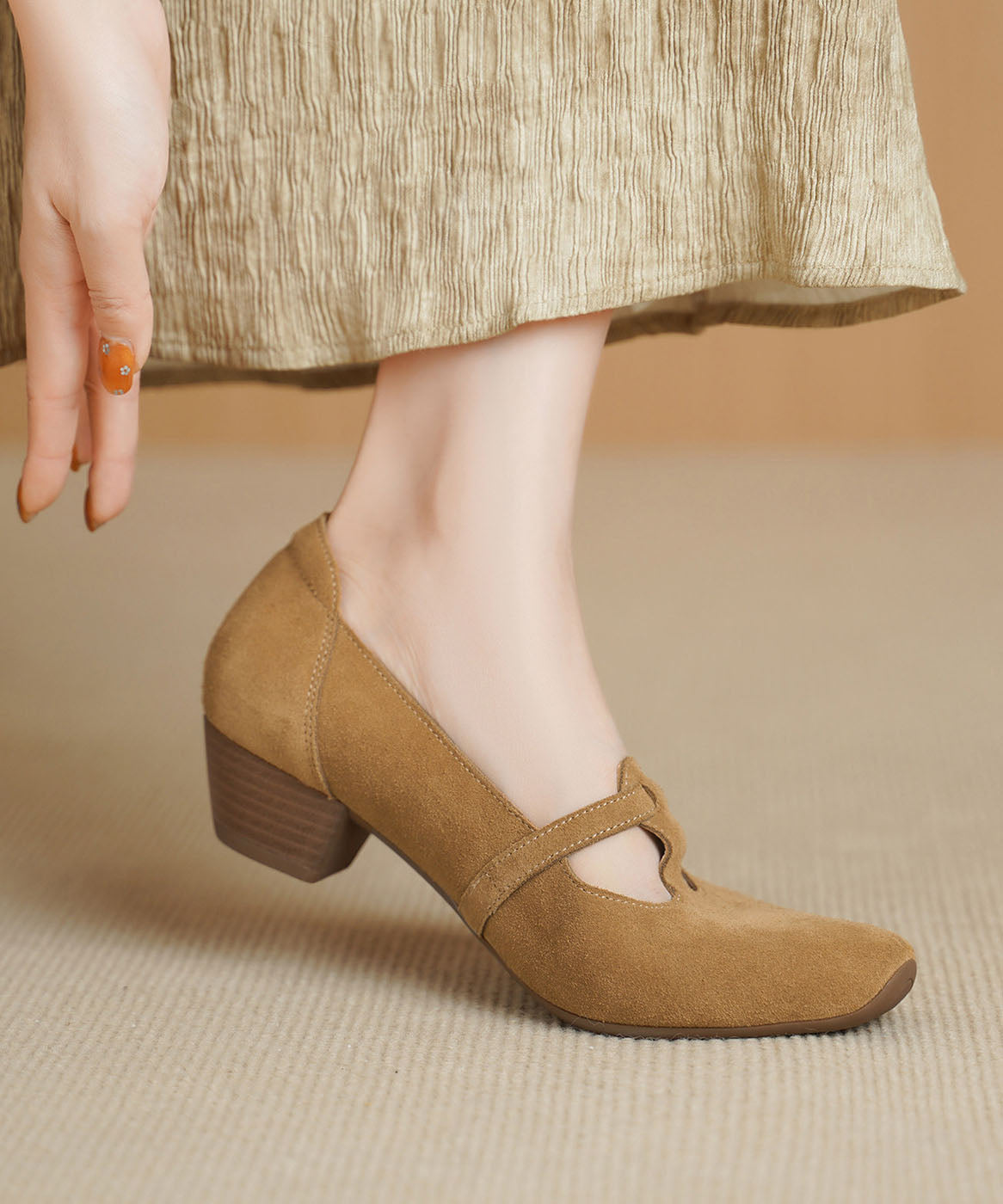 Red Chunky Heel Shoes Suede Splicing Square Toe
