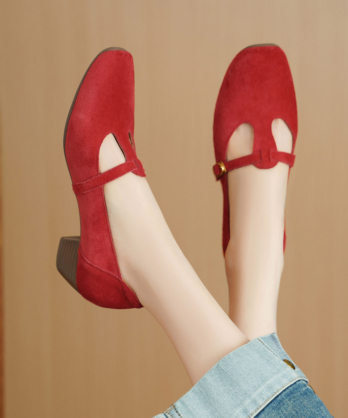 Red Chunky Heel Shoes Suede Splicing Square Toe