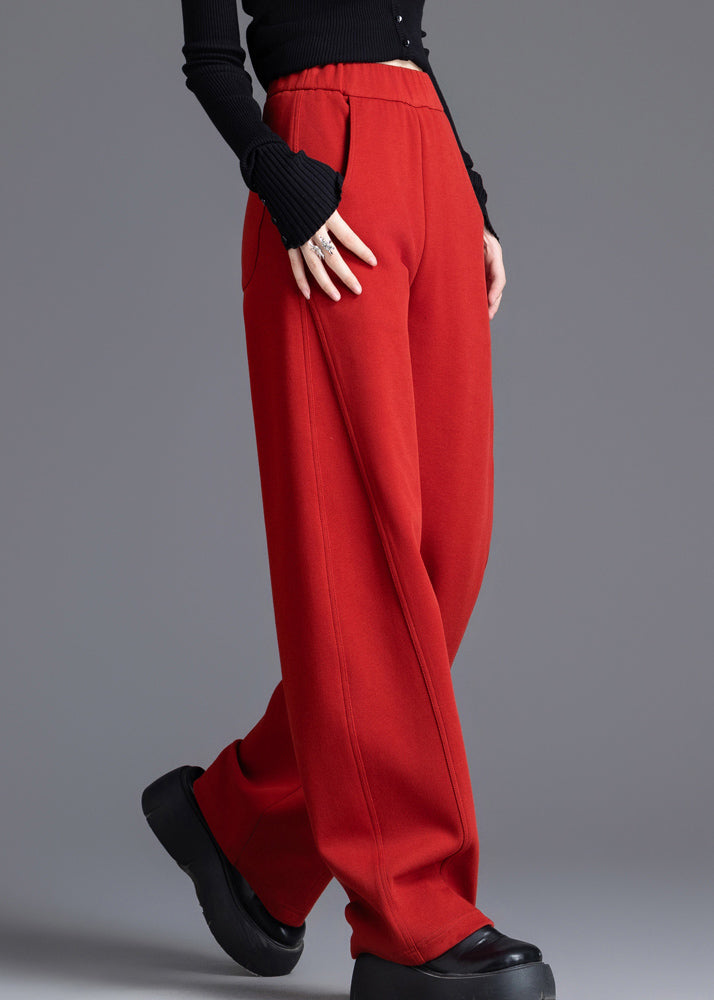 Red Elastic Waist Cotton Spring Pants Pockets