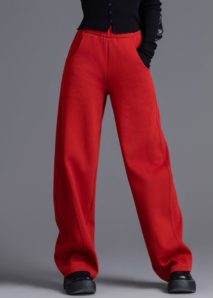Red Elastic Waist Cotton Spring Pants Pockets