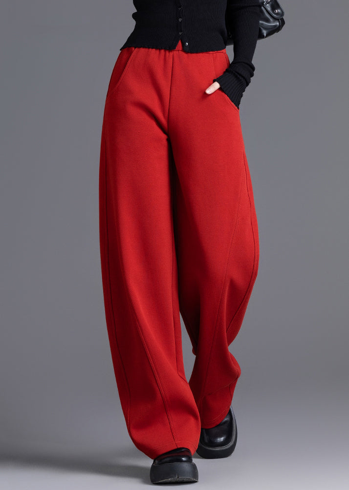 Red Elastic Waist Cotton Spring Pants Pockets