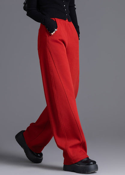 Red Elastic Waist Cotton Spring Pants Pockets