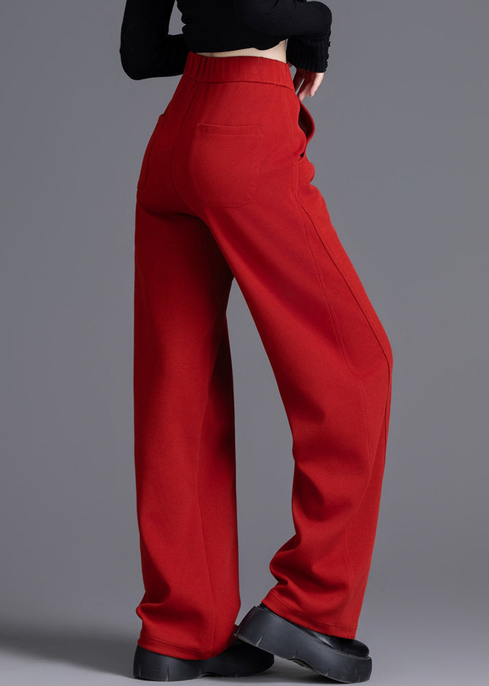 Red Elastic Waist Cotton Spring Pants Pockets