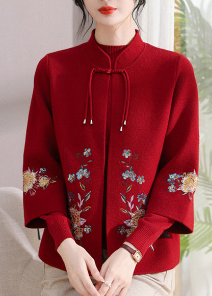 Red Embroidered Cotton Knit Cardigans and Sweater Two Pieces Set Spring