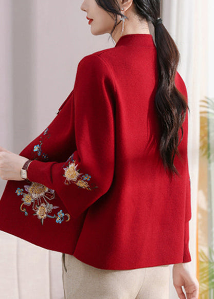 Red Embroidered Cotton Knit Cardigans and Sweater Two Pieces Set Spring