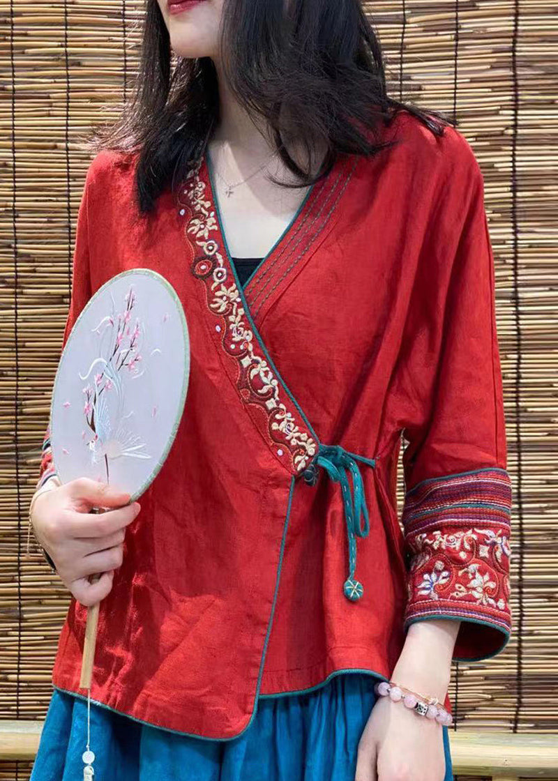 Red Embroideried Tie Waist Linen Top Long Sleeve