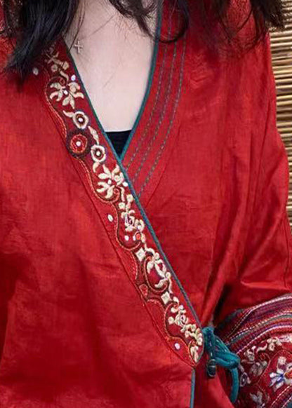 Red Embroideried Tie Waist Linen Top Long Sleeve
