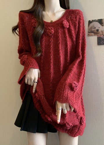 Red Decorated Knit Sweaters Oversized Fall