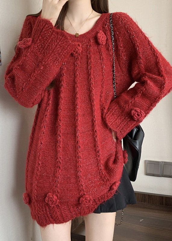 Red Decorated Knit Sweaters Oversized Fall