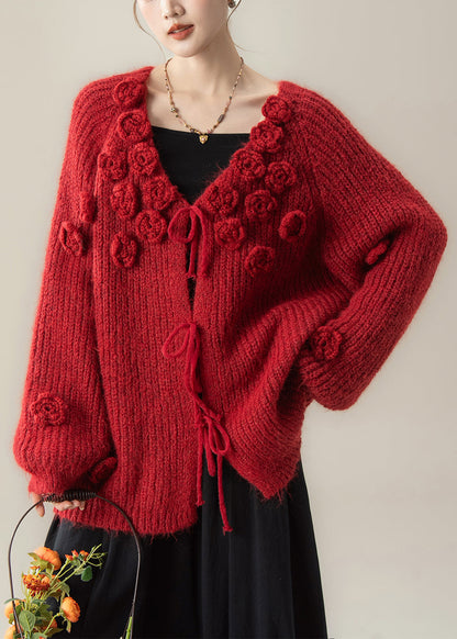 Red Lace Up Knit Loose Cardigan V Neck