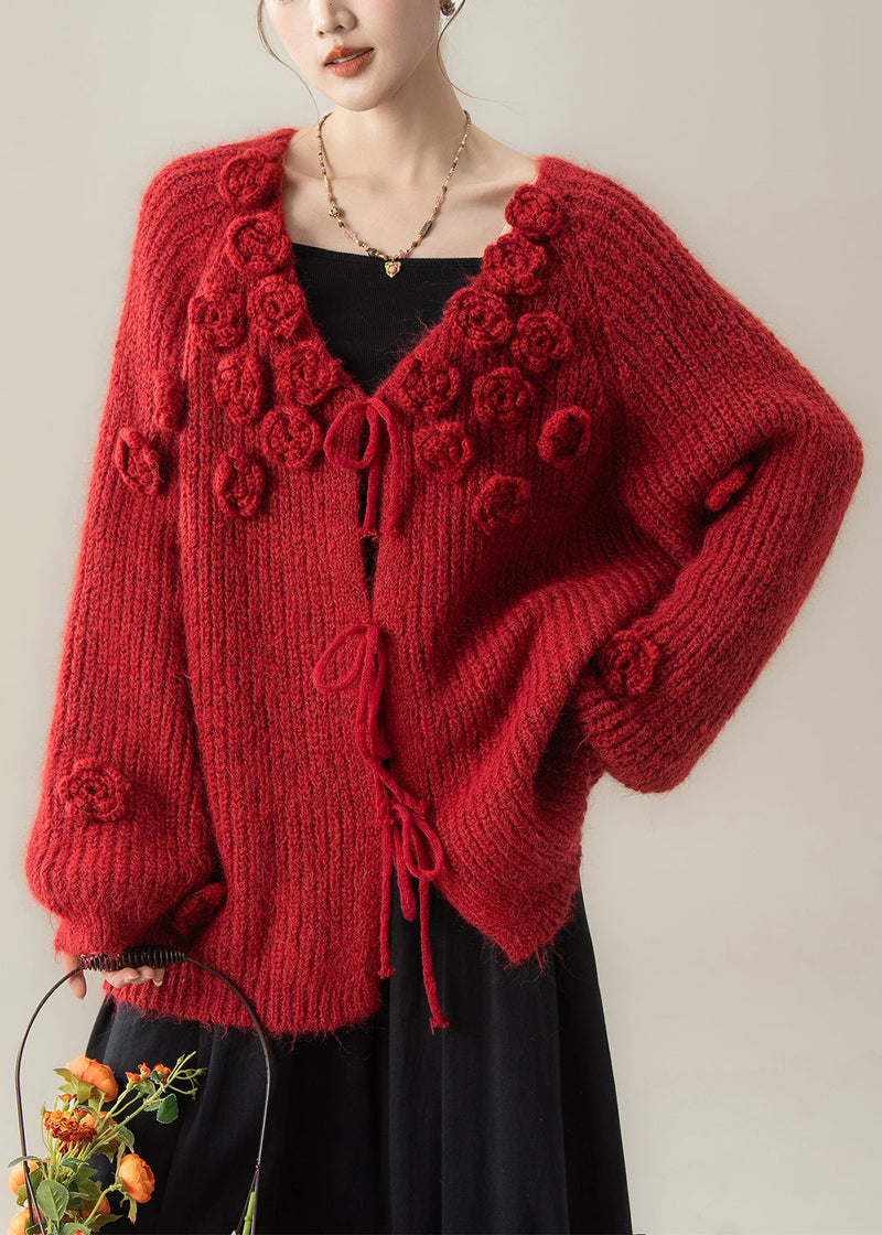 Red Lace Up Knit Loose Cardigan V Neck