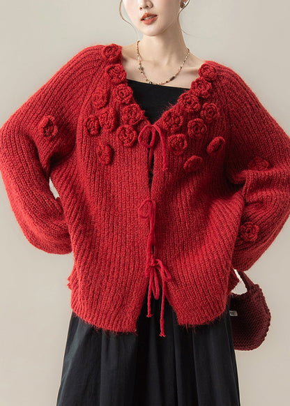 Red Lace Up Knit Loose Cardigan V Neck