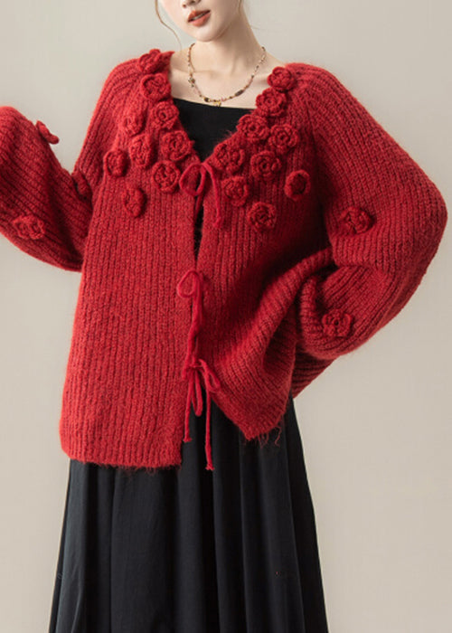 Red Lace Up Knit Loose Cardigan V Neck