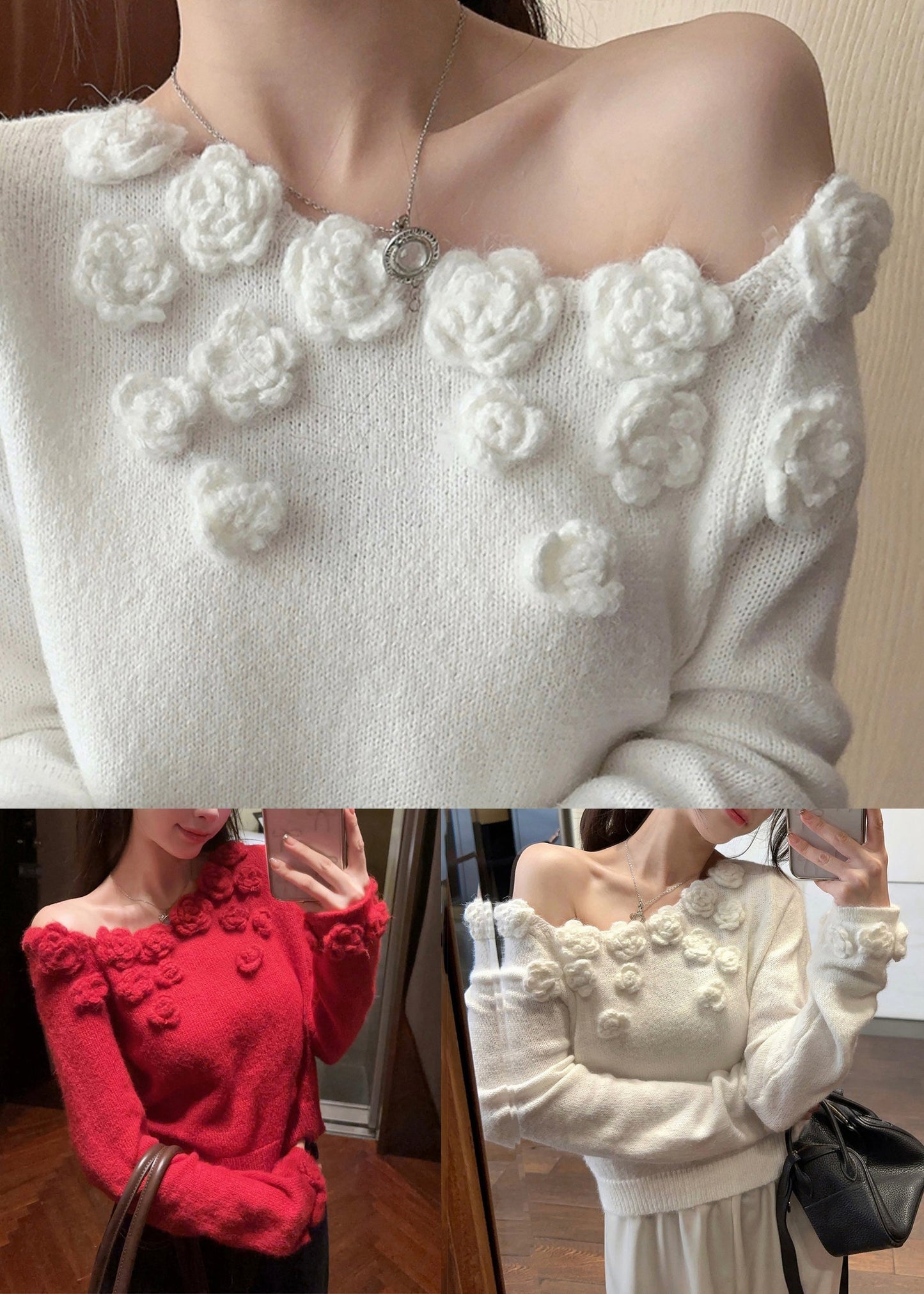 Red Patchwork Knit Sweater Asymmetrical Spring