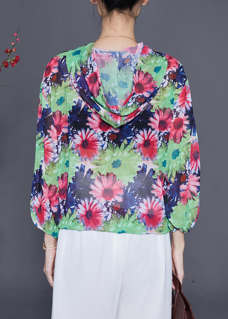 Red Print Chiffon Upf 50+ Shirts Hooded Bracelet Sleeve