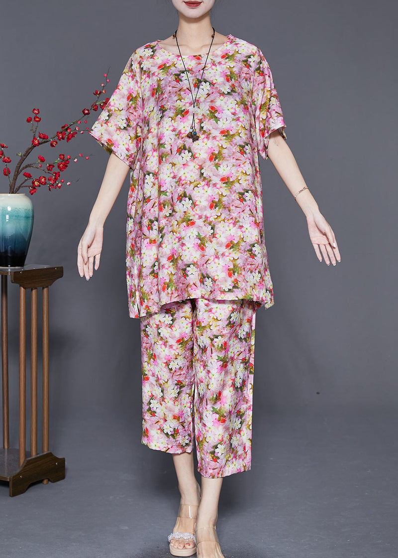 Red Print Linen Two Pieces Set Oversized Summer